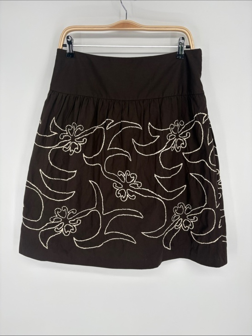 🏹 LOFT  A-Line brown cotton with cream  Floral Embroidery